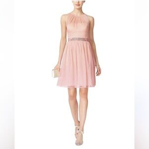 Adrianna Papell NWT Pink Chiffon Halter Beaded Belt Formal Knee Length Dress 16
